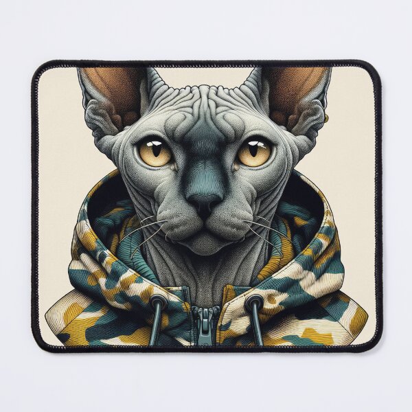 Item preview, Urban Cats #20 - Seal Point Sphynx Cat wearing an urban camo windbreaker designed and sold by elektronen.