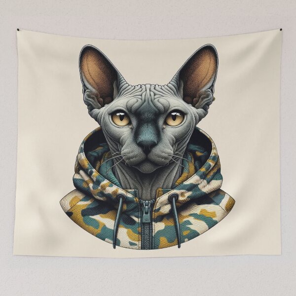 Item preview, Urban Cats #20 - Seal Point Sphynx Cat wearing an urban camo windbreaker designed and sold by elektronen.