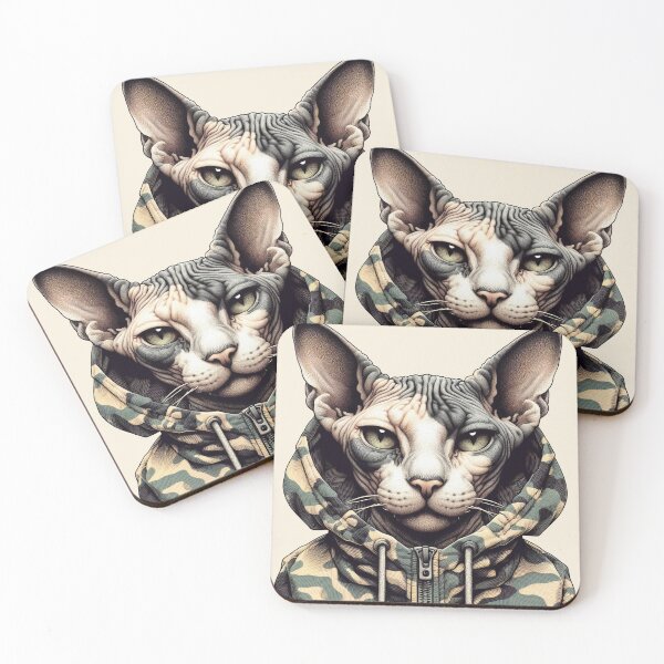 Item preview, Urban Cats #21 - Seal Point Sphynx Cat wearing an urban camo windbreaker designed and sold by elektronen.