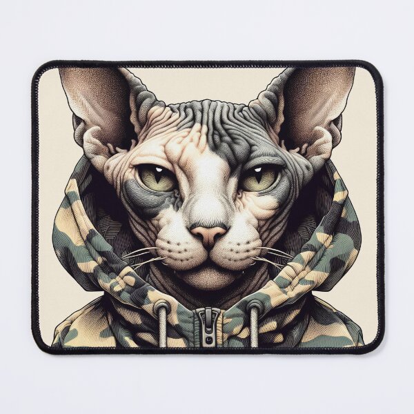 Item preview, Urban Cats #21 - Seal Point Sphynx Cat wearing an urban camo windbreaker designed and sold by elektronen.