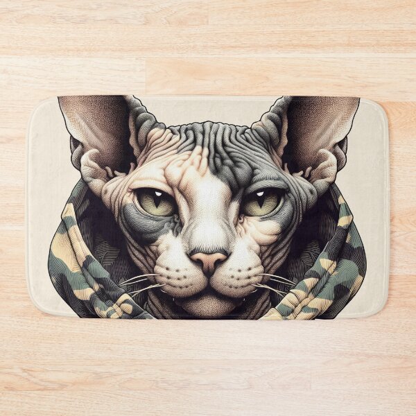 Item preview, Urban Cats #21 - Seal Point Sphynx Cat wearing an urban camo windbreaker designed and sold by elektronen.