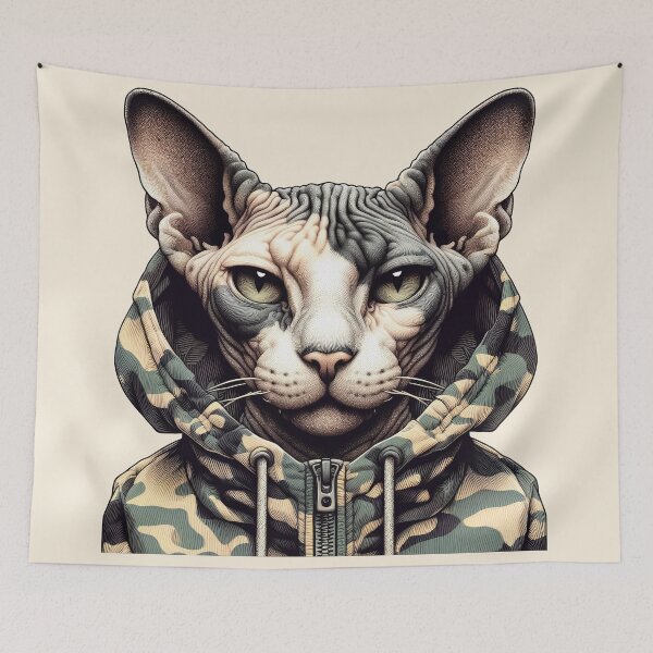 Item preview, Urban Cats #21 - Seal Point Sphynx Cat wearing an urban camo windbreaker designed and sold by elektronen.