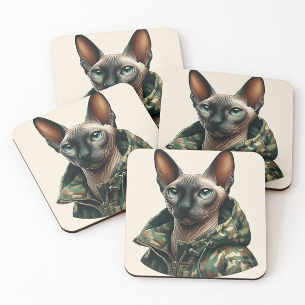 Item preview, Urban Cats #22 - Seal Point Sphynx Cat wearing an urban camo windbreaker designed and sold by elektronen.