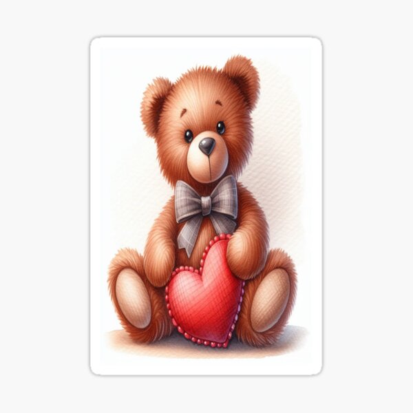 Valentine's Day - a single teddy bear sitting, It has brown with black button eyes, a stitched mouth, and a bow around its neck.  It is hugging a heart-shaped pillow. - www.fineaiart.art Sticker