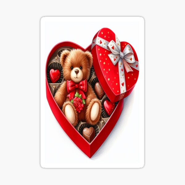 Valentine's Day -  a teddy bear sitting in a heart-shaped box of chocolates. The teddy bear is wearing a red bow and is surrounded by colorful chocolates. - www.fineaiart.art Sticker