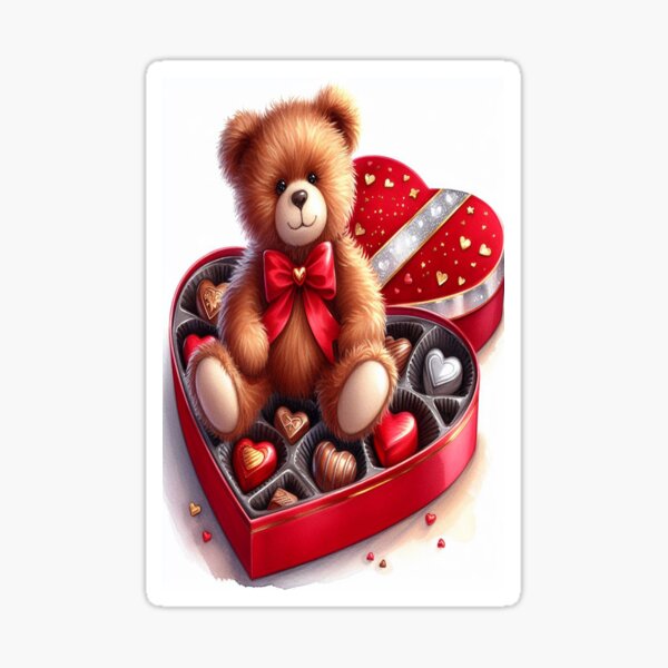 Valentine's Day -  a teddy bear sitting in a heart-shaped box of chocolates. The teddy bear is wearing a red bow and is surrounded by colorful chocolates. - www.fineaiart.art Sticker