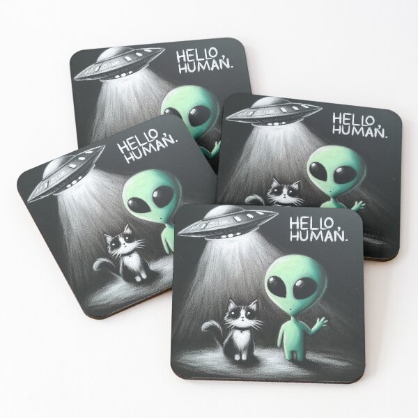 Item preview, Friendly Alien and Cat Greeting - UFO Encounter Art designed and sold by RuyaFab.