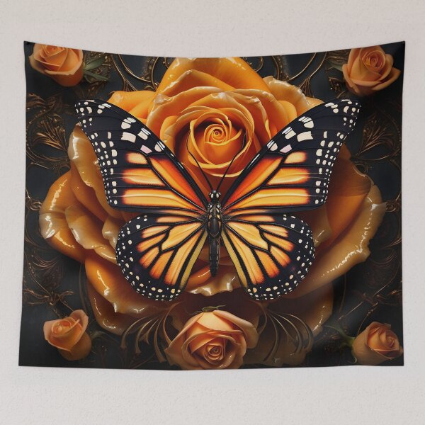 Item preview, vibrant orange monarch butterfly with roses designed and sold by dcrc.