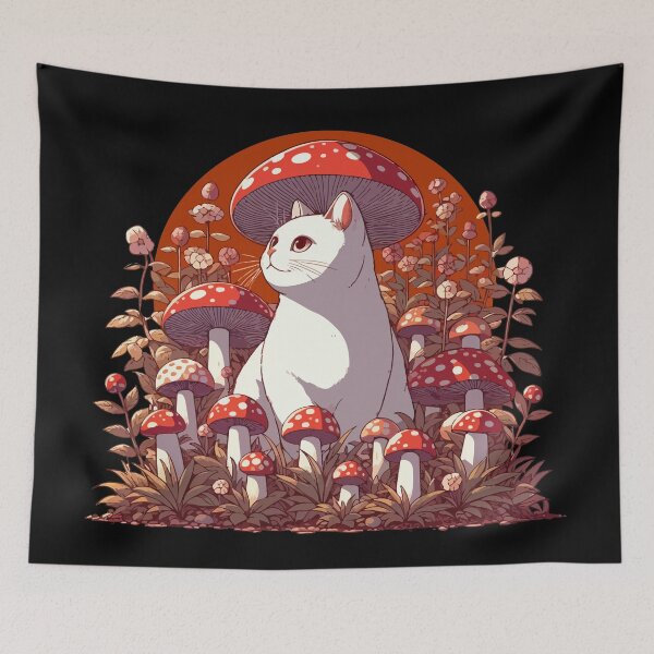 Item preview, Funny Vintage White Cat in Mushroom Garden designed and sold by TomFrontierArt.