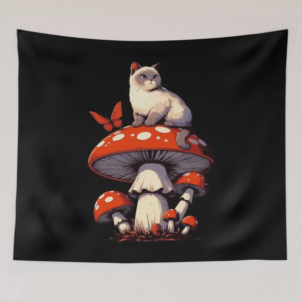 Item preview, Funny Vintage White Cat in Mushroom Garden designed and sold by TomFrontierArt.
