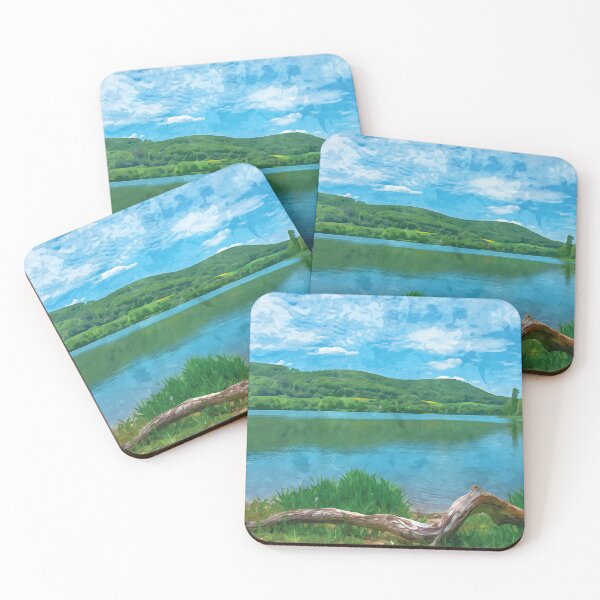Item preview, View of a quiet lake surrounded by fields and forest in watercolor designed and sold by Intermundium.