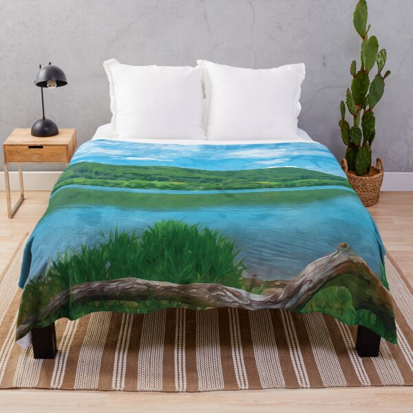 Item preview, View of a quiet lake surrounded by fields and forest in watercolor designed and sold by Intermundium.