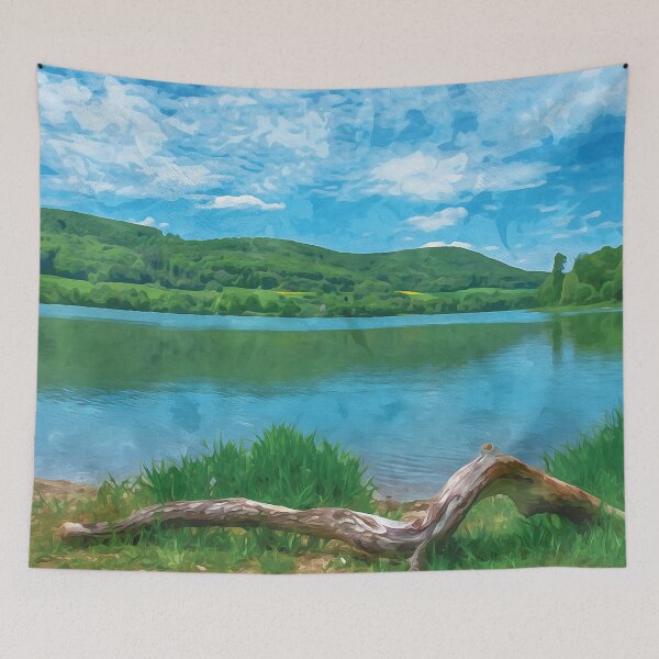Item preview, View of a quiet lake surrounded by fields and forest in watercolor designed and sold by Intermundium.