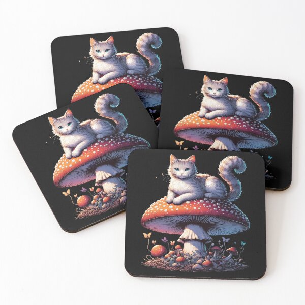 Item preview, Funny Vintage White Cat in Mushroom Garden designed and sold by TomFrontierArt.
