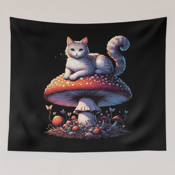 Item preview, Funny Vintage White Cat in Mushroom Garden designed and sold by TomFrontierArt.