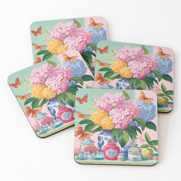 Item preview, Chinoiserie jars with hydrangea and butterflies, preppy painting designed and sold by SophieClimaArt.