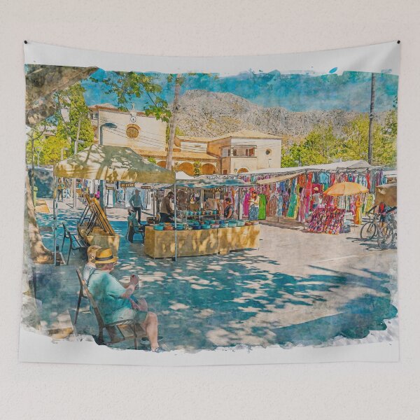 Item preview, Puerto Pollensa Square Market Watercolour Effect designed and sold by GG WALL ART.
