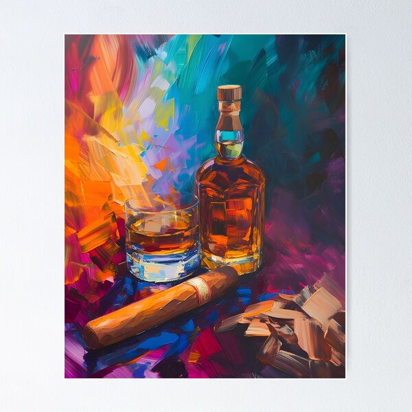 Item preview, Revelry in Strokes- A Symphony of Vibrant Whiskey and Cigar Celebration Generative AI designed and sold by OlfactoART Studio.