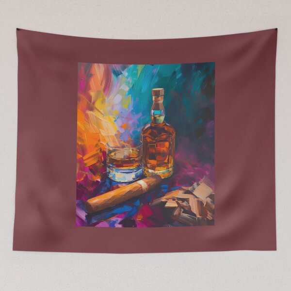 Item preview, Revelry in Strokes- A Symphony of Vibrant Whiskey and Cigar Celebration Generative AI designed and sold by OlfactoART Studio.