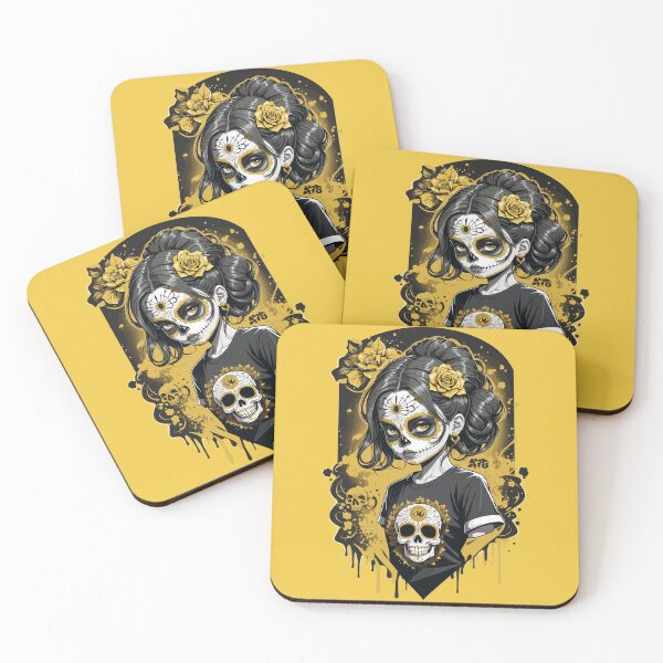 Item preview, Sugar Skull Girl in a Black T-Shirt with Gold Roses designed and sold by A78-Designs.