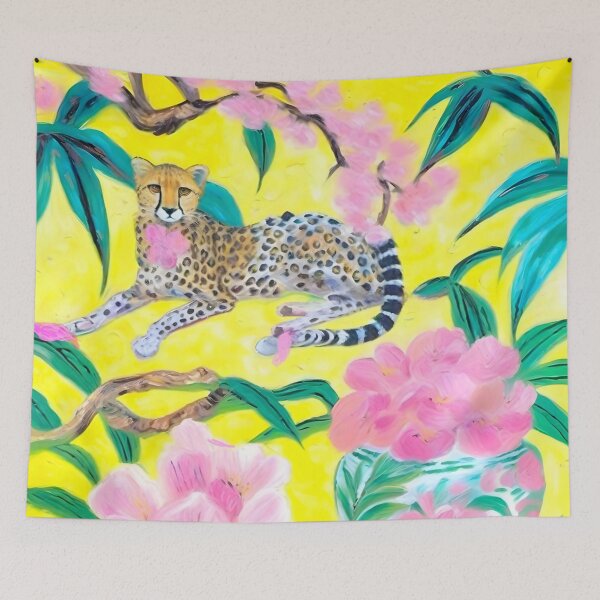 Artikelvorschau, Grandmillennial-Kunst, Gepard, Chinoiserie-Gläser und Kirschblüten auf Gelb entworfen und verkauft von SophieClimaArt.
