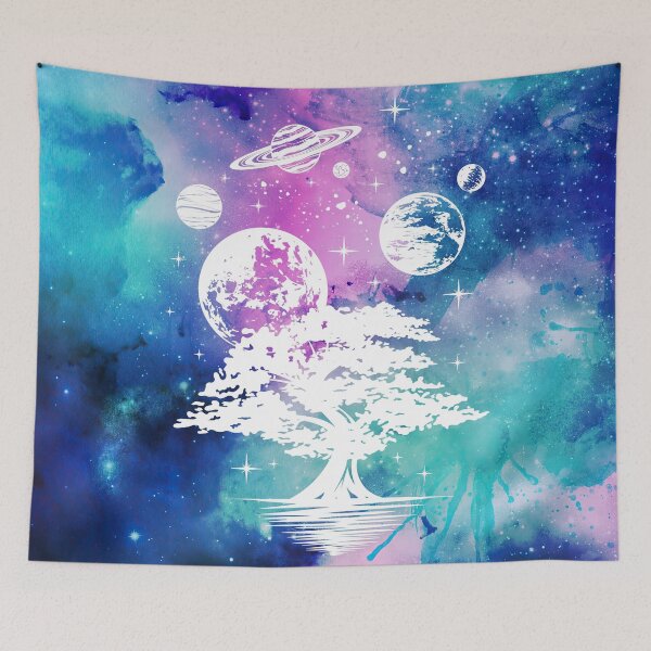 Item preview, Cosmic Aesthetic Tree and Planets in Blue and Pink Watercolor Sky designed and sold by Trish Dish.