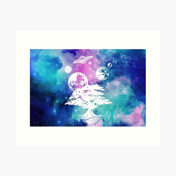 Item preview, Cosmic Aesthetic Tree and Planets in Blue and Pink Watercolor Sky designed and sold by Trish Dish.