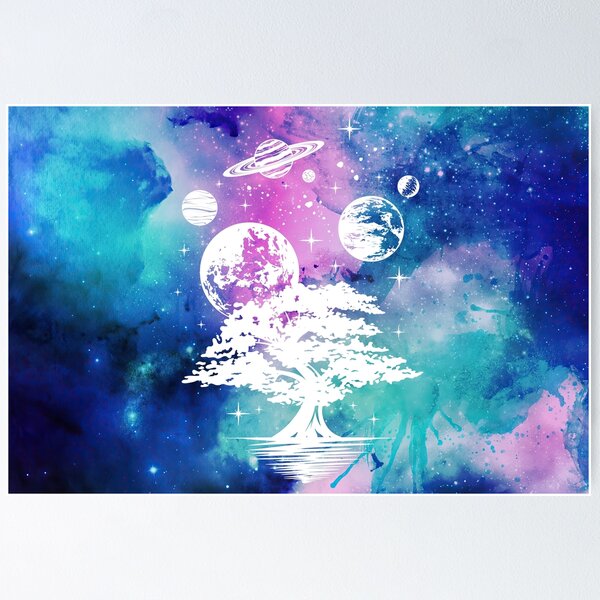 Item preview, Cosmic Aesthetic Tree and Planets in Blue and Pink Watercolor Sky designed and sold by Trish Dish.