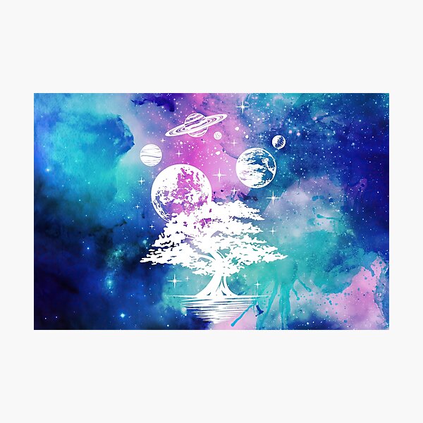 Item preview, Cosmic Aesthetic Tree and Planets in Blue and Pink Watercolor Sky designed and sold by Trish Dish.
