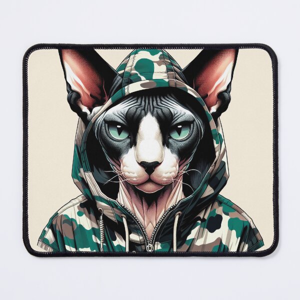 Item preview, Urban Cats #24 - Black & White Sphynx Cat wearing an urban camo windbreaker designed and sold by elektronen.