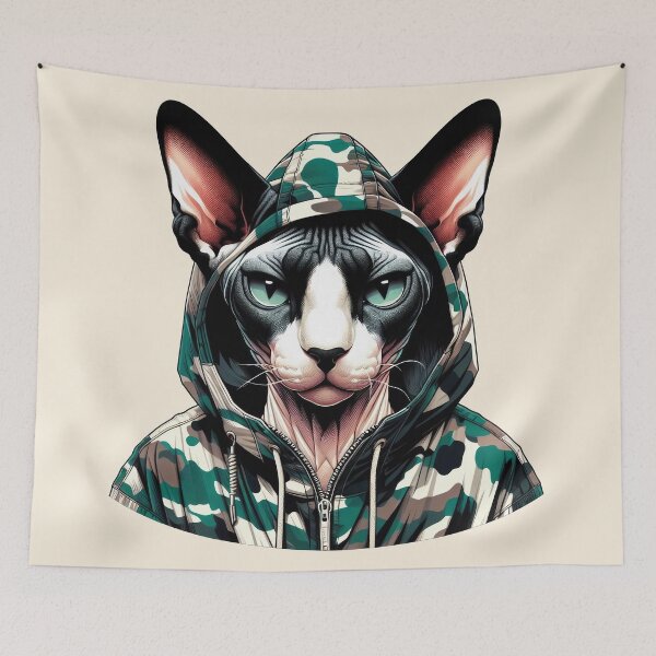 Item preview, Urban Cats #24 - Black & White Sphynx Cat wearing an urban camo windbreaker designed and sold by elektronen.