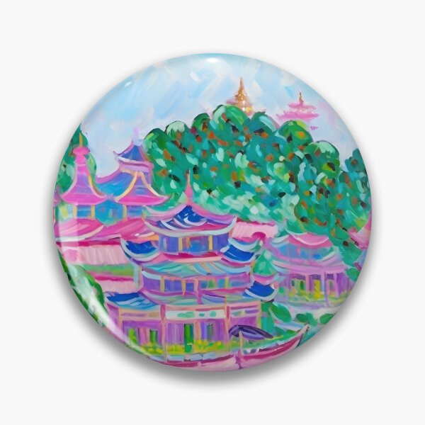 Artikelvorschau, Grandmillennial-Kunst, adrette Chinoiserie-Pagodenlandschaft entworfen und verkauft von SophieClimaArt.