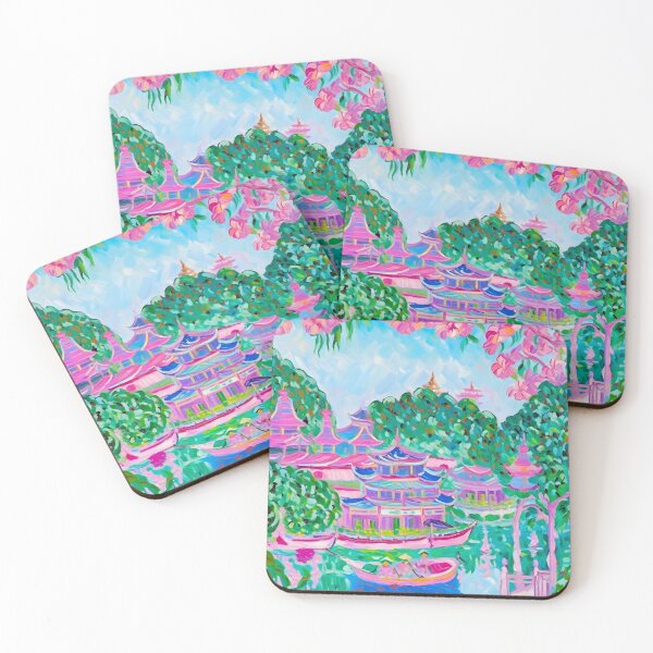Item preview, Grandmillennial art, preppy chinoiserie pagoda landscape designed and sold by SophieClimaArt.