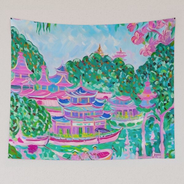 Artikelvorschau, Grandmillennial-Kunst, adrette Chinoiserie-Pagodenlandschaft entworfen und verkauft von SophieClimaArt.