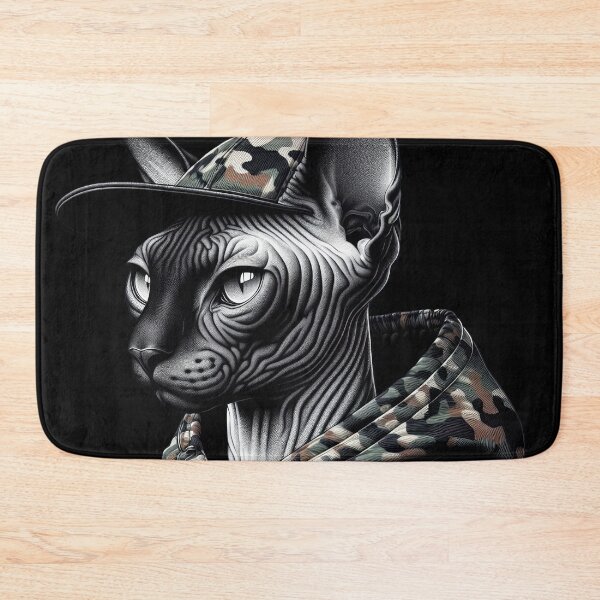 Item preview, Urban Cats #26 - Black & White Sphynx Cat wearing an urban camo windbreaker designed and sold by elektronen.
