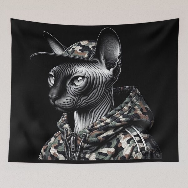 Item preview, Urban Cats #26 - Black & White Sphynx Cat wearing an urban camo windbreaker designed and sold by elektronen.