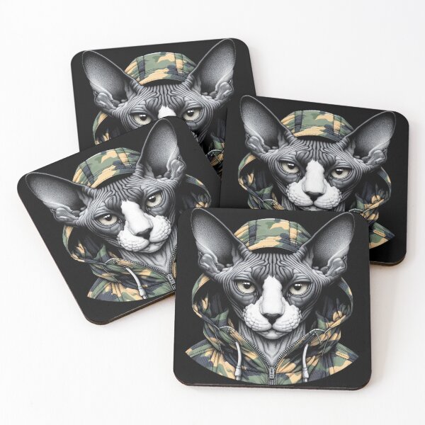 Item preview, Urban Cats #27 - Black & White Sphynx Cat wearing an urban camo windbreaker designed and sold by elektronen.
