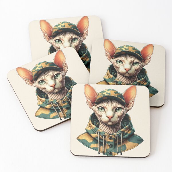 Item preview, Urban Cats #29 - Champagne Sphynx Cat wearing an urban camo windbreaker designed and sold by elektronen.
