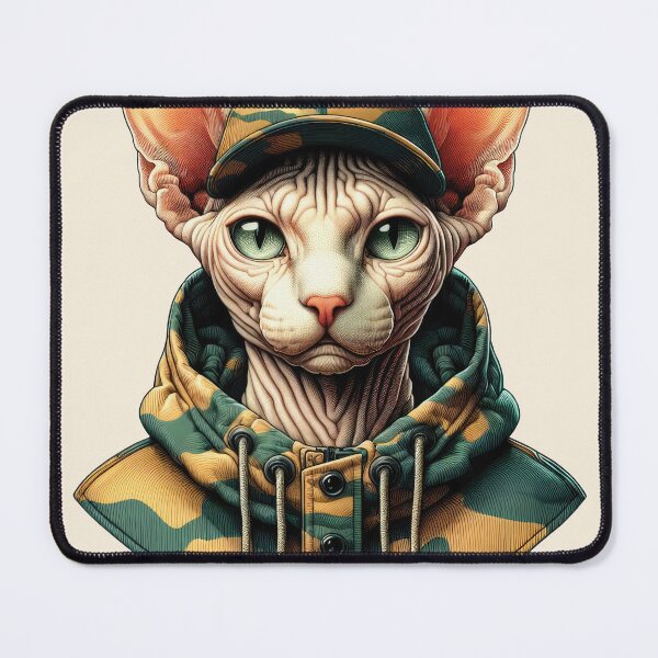 Item preview, Urban Cats #29 - Champagne Sphynx Cat wearing an urban camo windbreaker designed and sold by elektronen.