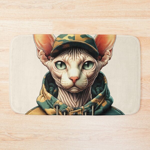 Item preview, Urban Cats #29 - Champagne Sphynx Cat wearing an urban camo windbreaker designed and sold by elektronen.
