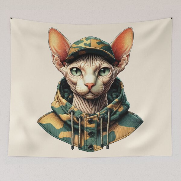 Item preview, Urban Cats #29 - Champagne Sphynx Cat wearing an urban camo windbreaker designed and sold by elektronen.