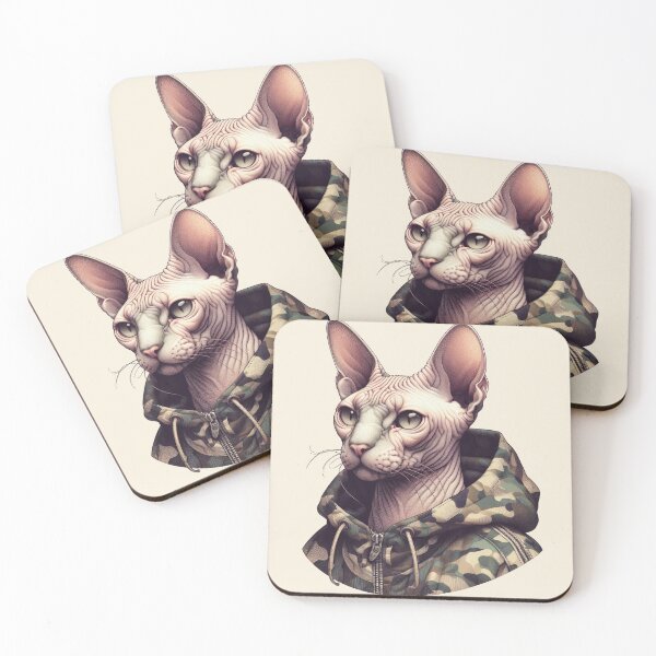 Item preview, Urban Cats #31 - Champagne Sphynx Cat wearing an urban camo windbreaker designed and sold by elektronen.