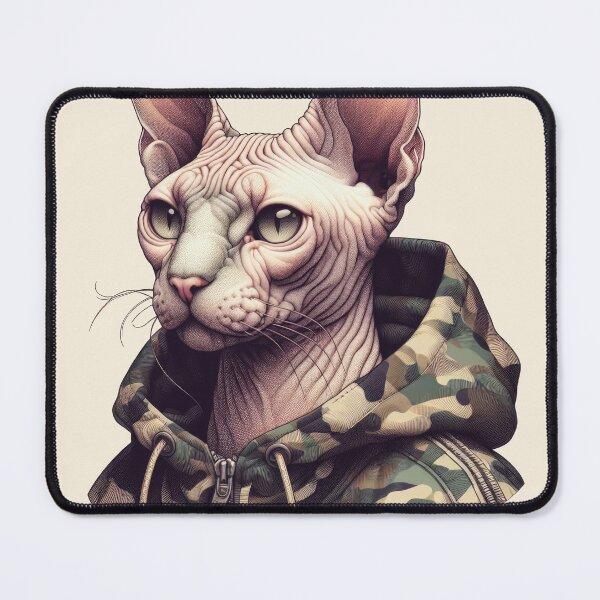 Item preview, Urban Cats #31 - Champagne Sphynx Cat wearing an urban camo windbreaker designed and sold by elektronen.