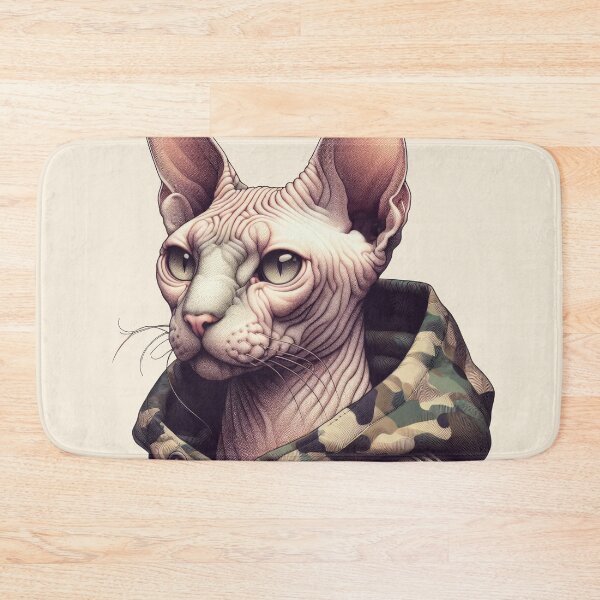 Item preview, Urban Cats #31 - Champagne Sphynx Cat wearing an urban camo windbreaker designed and sold by elektronen.