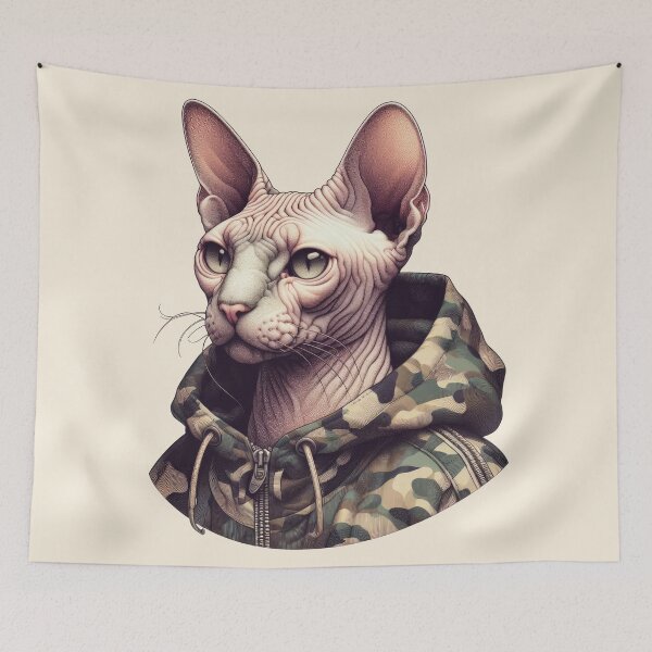 Item preview, Urban Cats #31 - Champagne Sphynx Cat wearing an urban camo windbreaker designed and sold by elektronen.