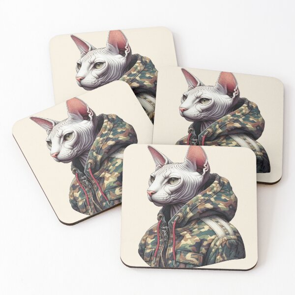 Item preview, Urban Cats #33 - White Sphynx Cat wearing an urban camo windbreaker designed and sold by elektronen.