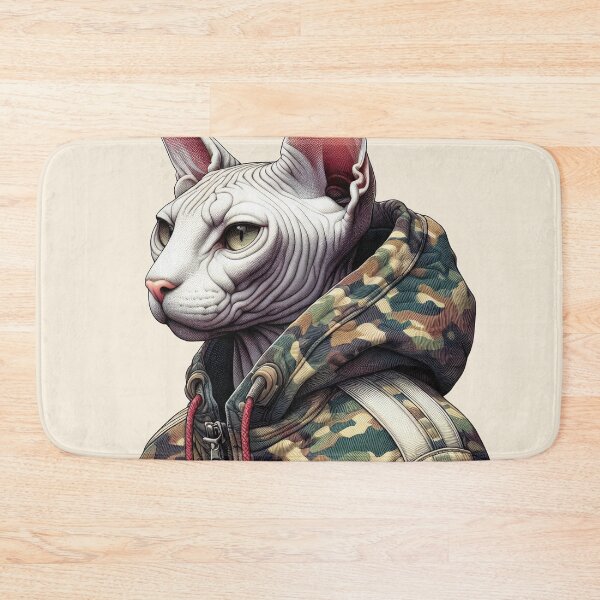 Item preview, Urban Cats #33 - White Sphynx Cat wearing an urban camo windbreaker designed and sold by elektronen.