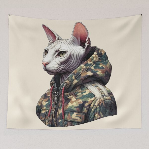 Item preview, Urban Cats #33 - White Sphynx Cat wearing an urban camo windbreaker designed and sold by elektronen.