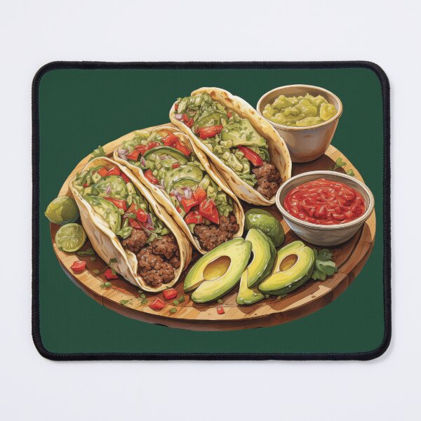 Item preview, Beef Tacos, Guacamole, Avocados and Salsa Served On A Wooden Board designed and sold by Alicia Chee.