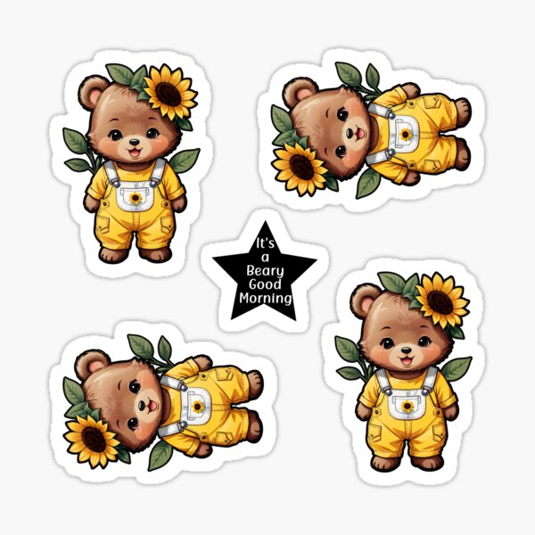 Sunflower Bear in Ovearalls Set of 4 Sticker